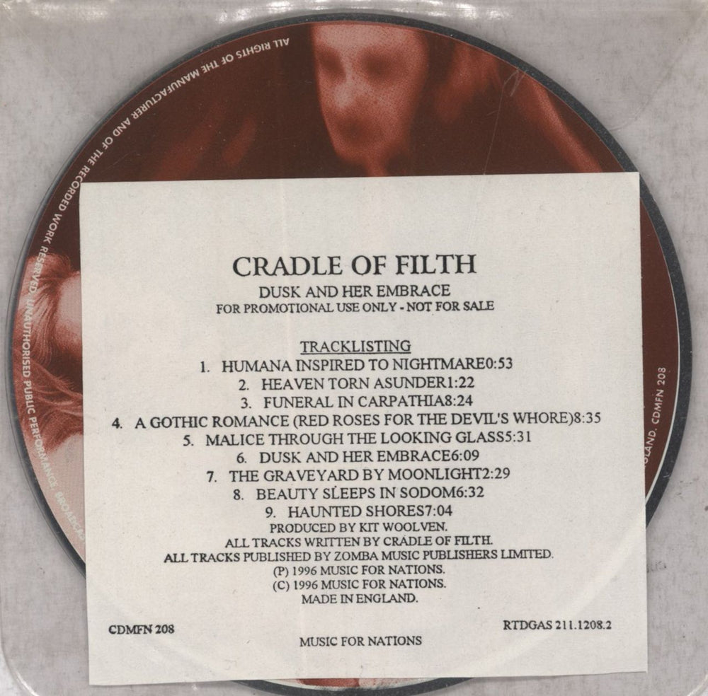 Cradle Of Filth Dusk And Her Embrace UK Promo CD album (CDLP) CDMFN208