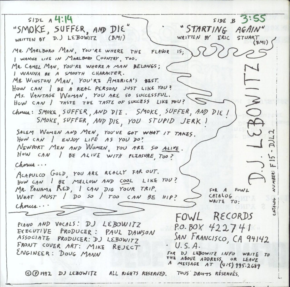 D.J. LEBOWITZ  D.J. Lebowitz Sez Smoke Suffer And... Die! US 7" vinyl single (7 inch record / 45)