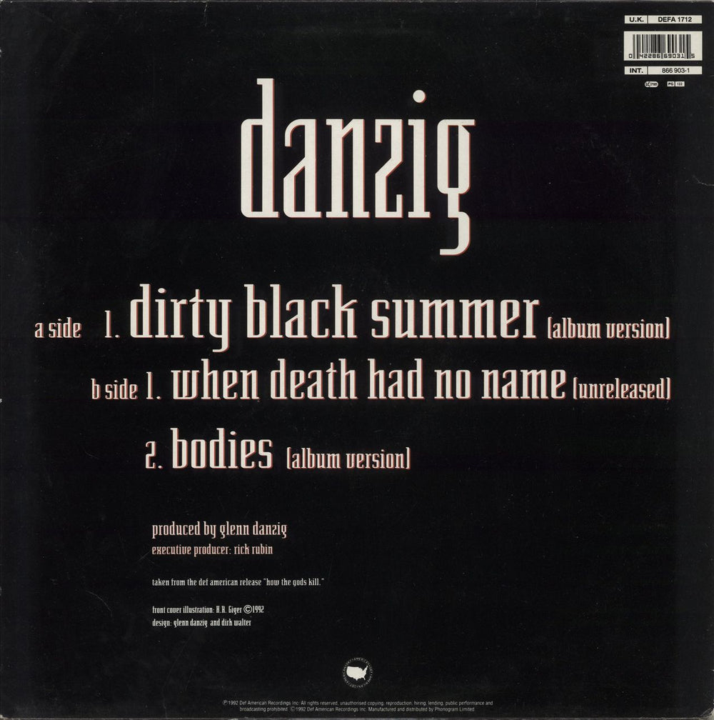 Danzig Dirty Black Summer - VG UK 12" vinyl single (12 inch record / Maxi-single) 042286690315