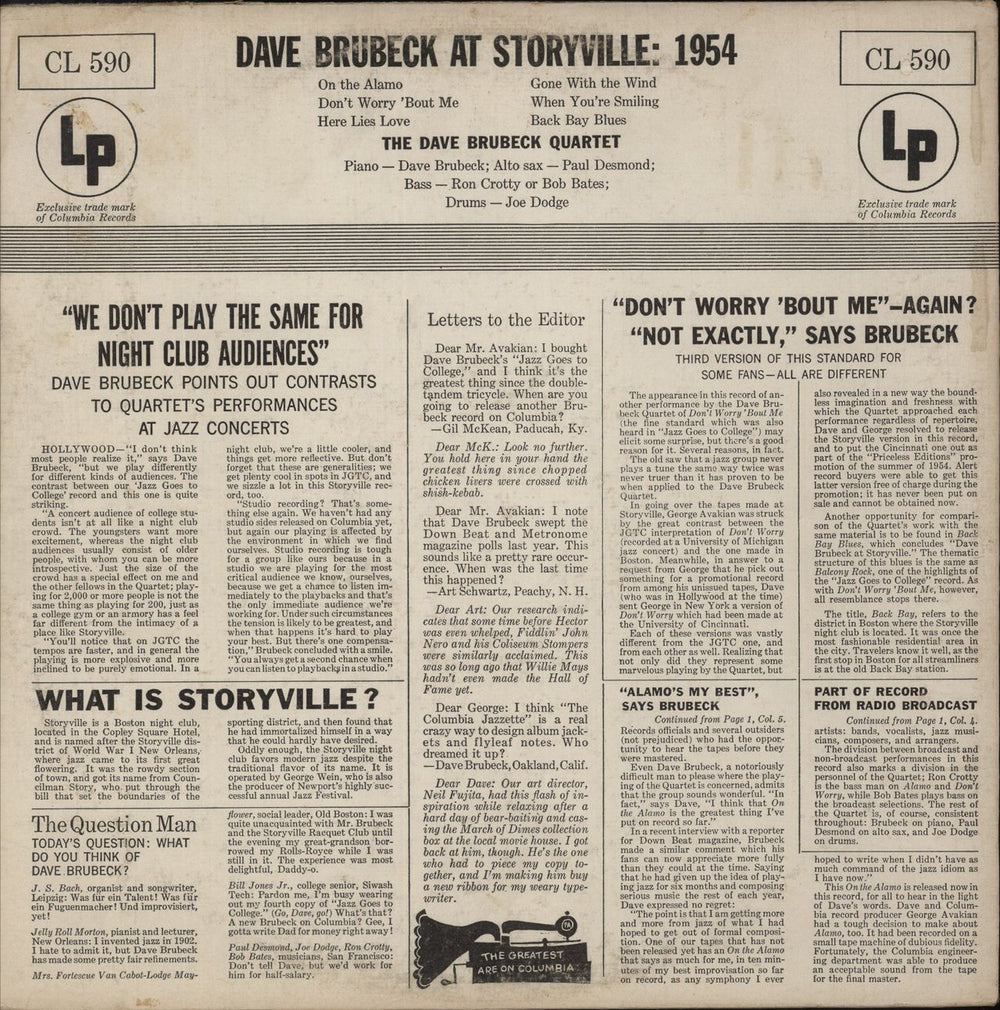 Dave Brubeck At Storyville: 1954 US vinyl LP album (LP record)
