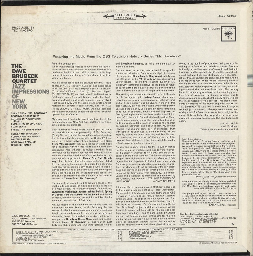 Dave Brubeck Jazz Impressions Of New York US vinyl LP album (LP record)