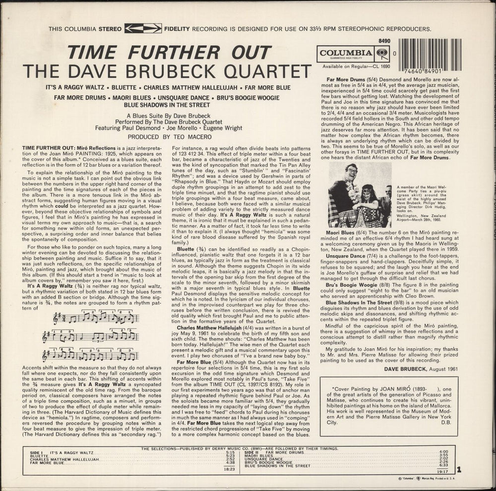 Dave Brubeck Time Further Out US vinyl LP album (LP record)