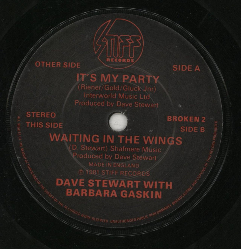 Dave Stewart & Barbara Gaskin It's My Party + Sleeve UK 7" vinyl single (7 inch record / 45) D.B07IT406263