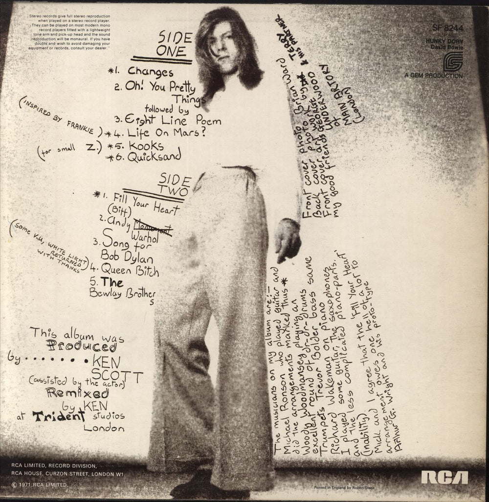 David Bowie Hunky Dory - 1st (d) + Insert - EX UK vinyl LP album (LP record)