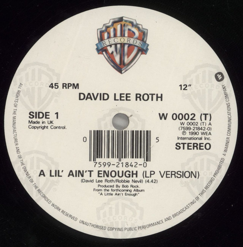 David Lee Roth A Lil' Ain't Enough UK 12" vinyl single (12 inch record / Maxi-single) DLR12AL596446