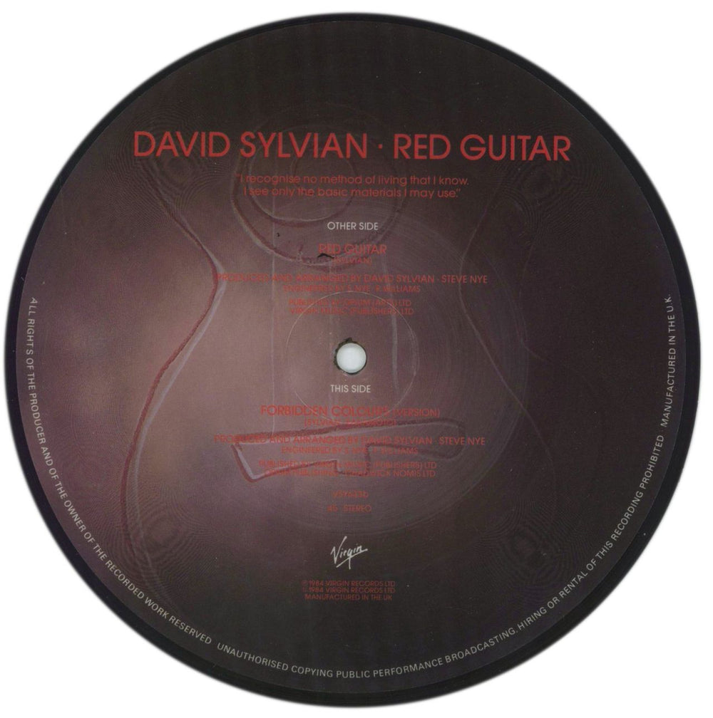 David Sylvian Red Guitar UK 7" vinyl picture disc (7 inch picture disc single)