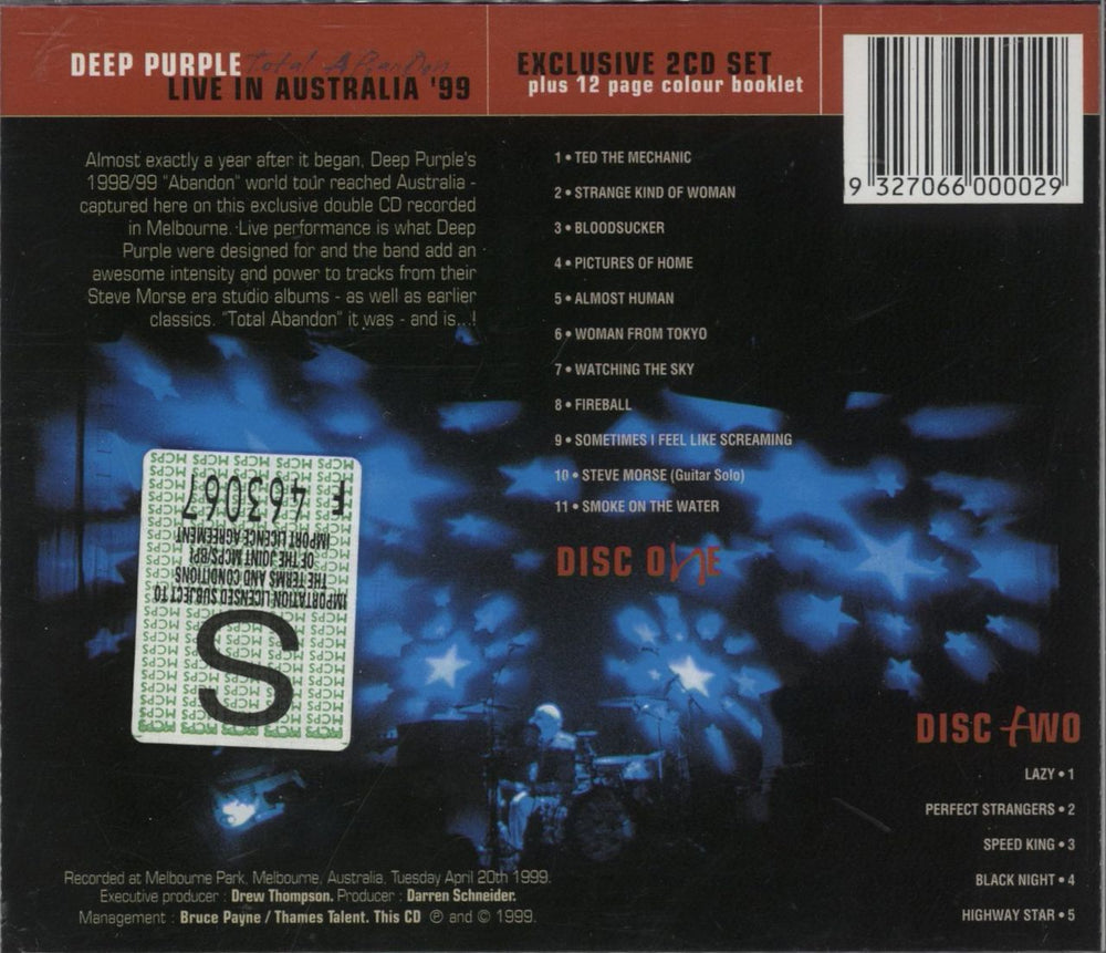 Deep Purple Total Abandon - Live In Australia '99 Australian 2 CD album set (Double CD) 9327066000029