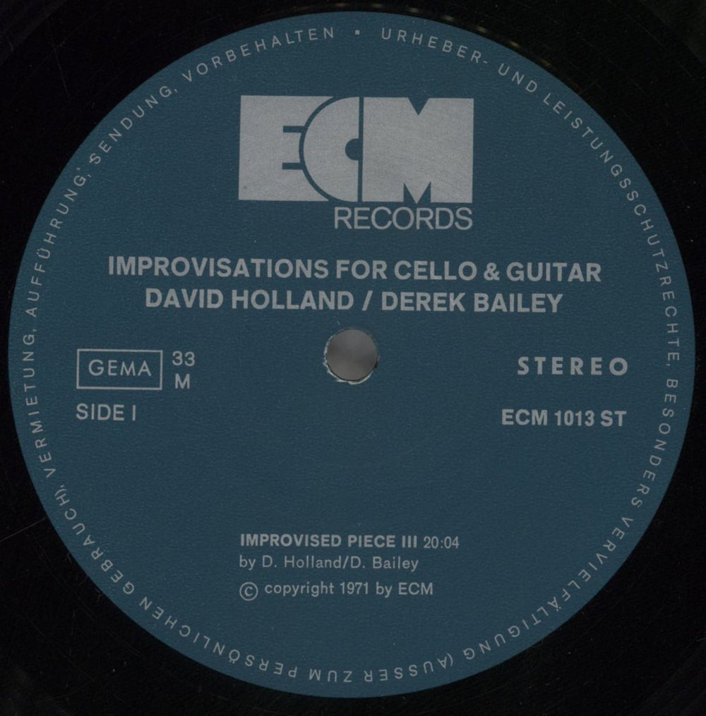 Derek Bailey Improvisations For Cello And Guitar German vinyl LP album (LP record) EZ1LPIM857320