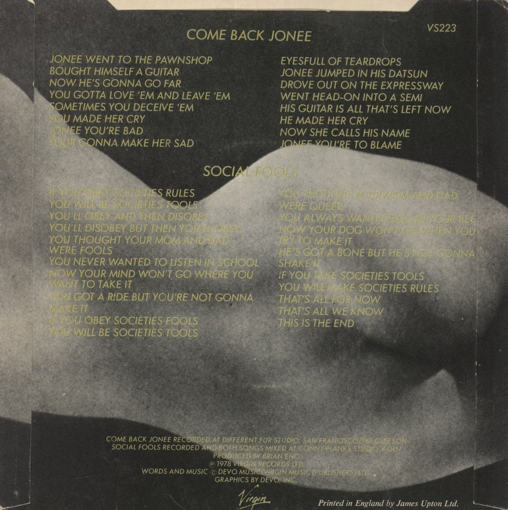 Devo Come Back Jonee + Sticker UK 7" vinyl single (7 inch record / 45)