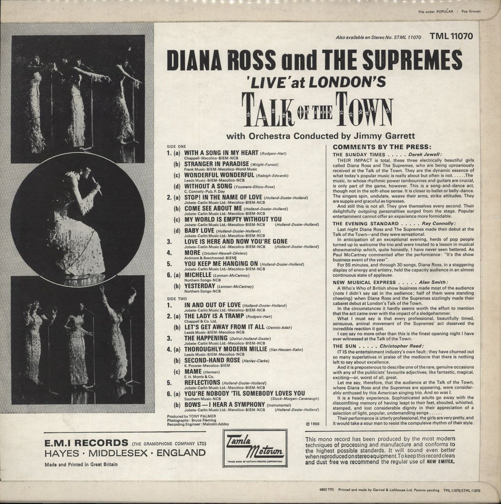 Diana Ross & The Supremes Live At London's Talk Of The Town UK vinyl LP album (LP record)