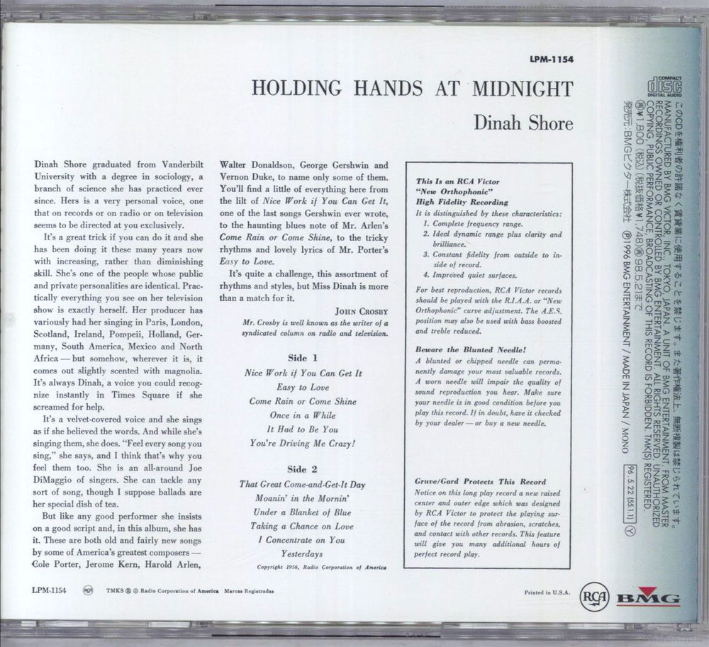 Dinah Shore Holding Hands At Midnight Japanese CD album (CDLP)