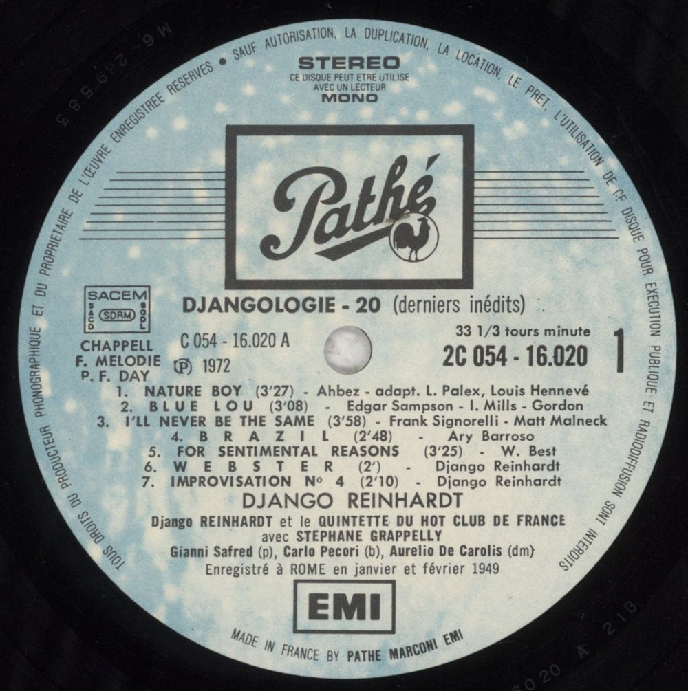 Django Reinhardt Djangologie 20 (1949) French vinyl LP album (LP record) DR1LPDJ857091
