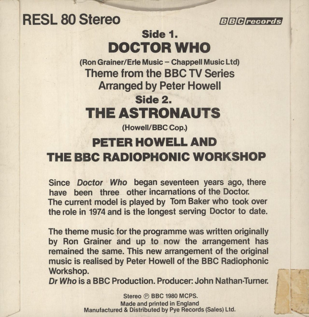Doctor Who Theme From The BBC TV Series - Tom Baker Sleeve - VG Sleeve UK 7" vinyl single (7 inch record / 45)