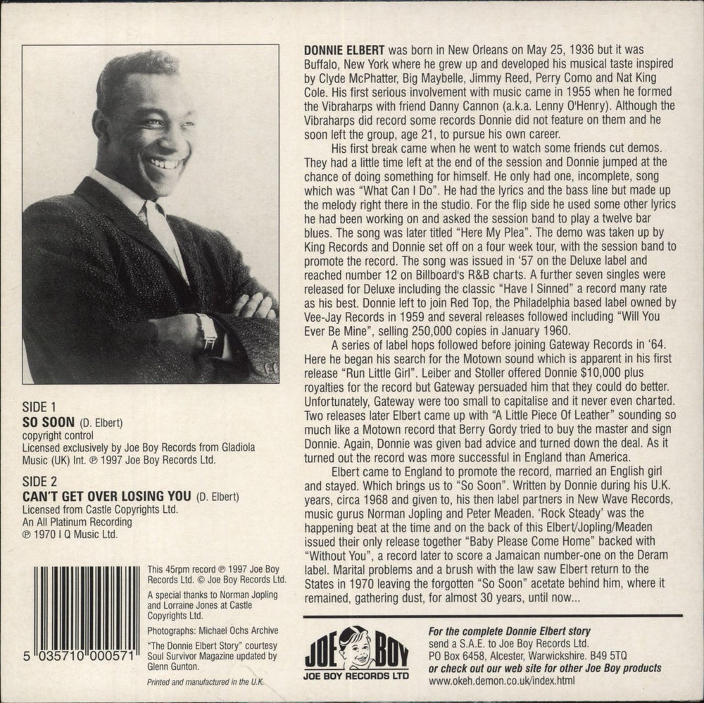 Donnie Elbert So Soon + Picture Sleeve UK 7" vinyl single (7 inch record / 45) 5035710000571