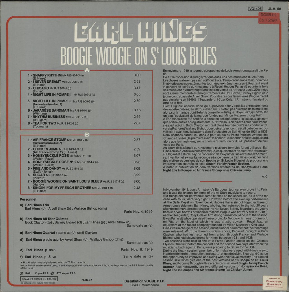 Earl Hines Boogie Woogie On St. Louis Blues French vinyl LP album (LP record)