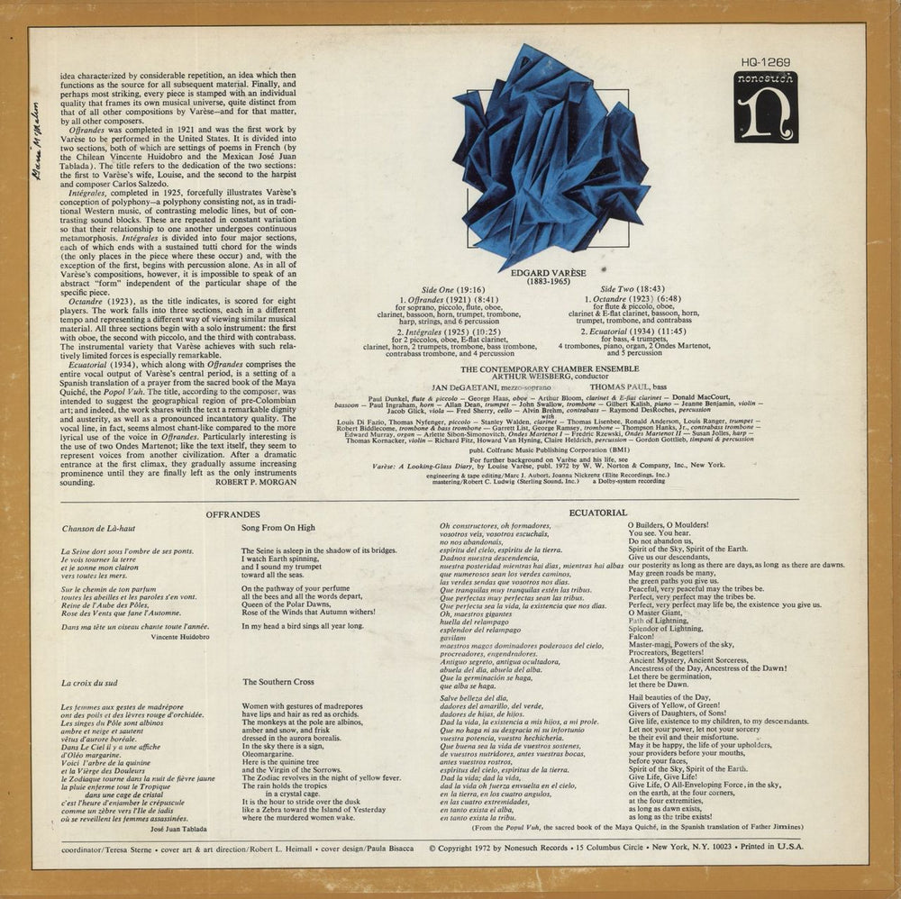 Edgard Varèse Varèse: Offrandes / Intégrales / Octandre / Ecuatorial US vinyl LP album (LP record)