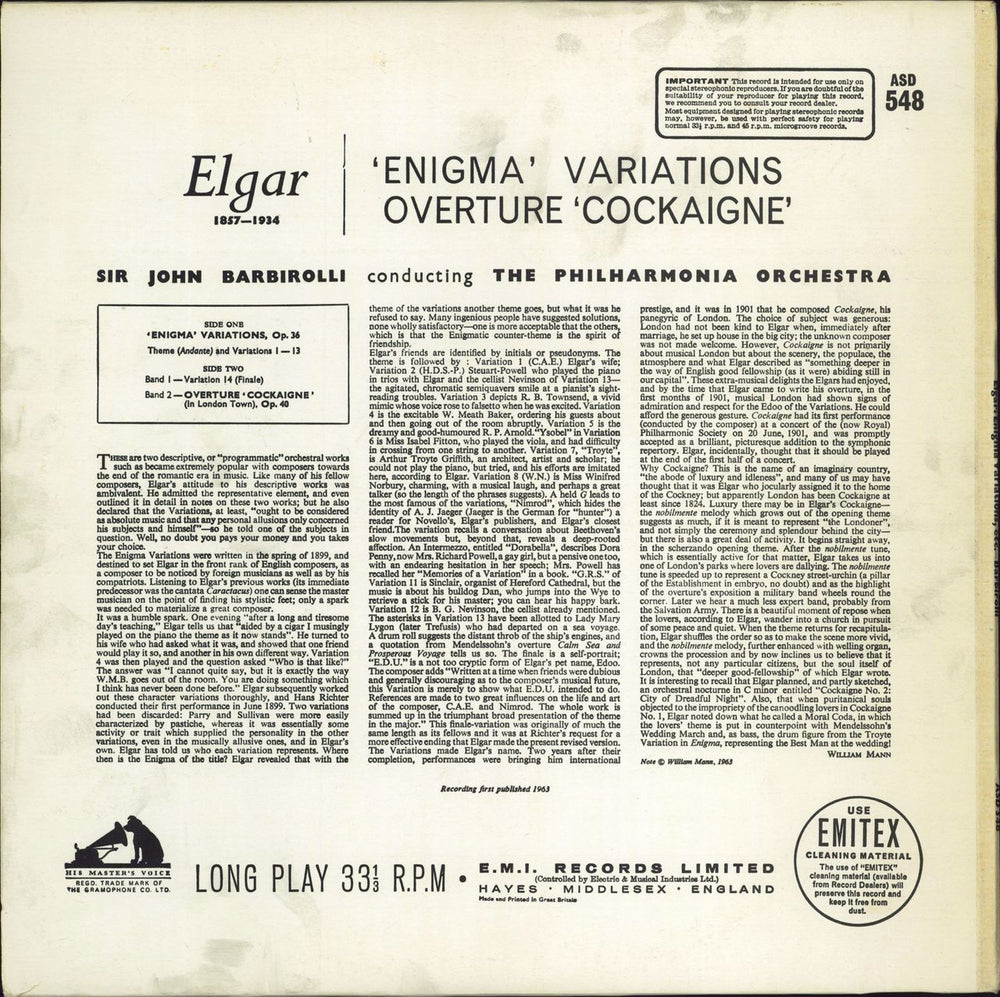 Edward Elgar 'Enigma' Variations / Overture 'Cockaigne' - 5th UK vinyl LP album (LP record)