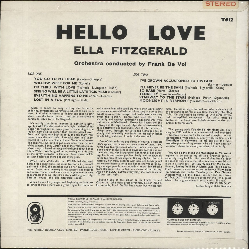 Ella Fitzgerald Hello Love UK vinyl LP album (LP record)