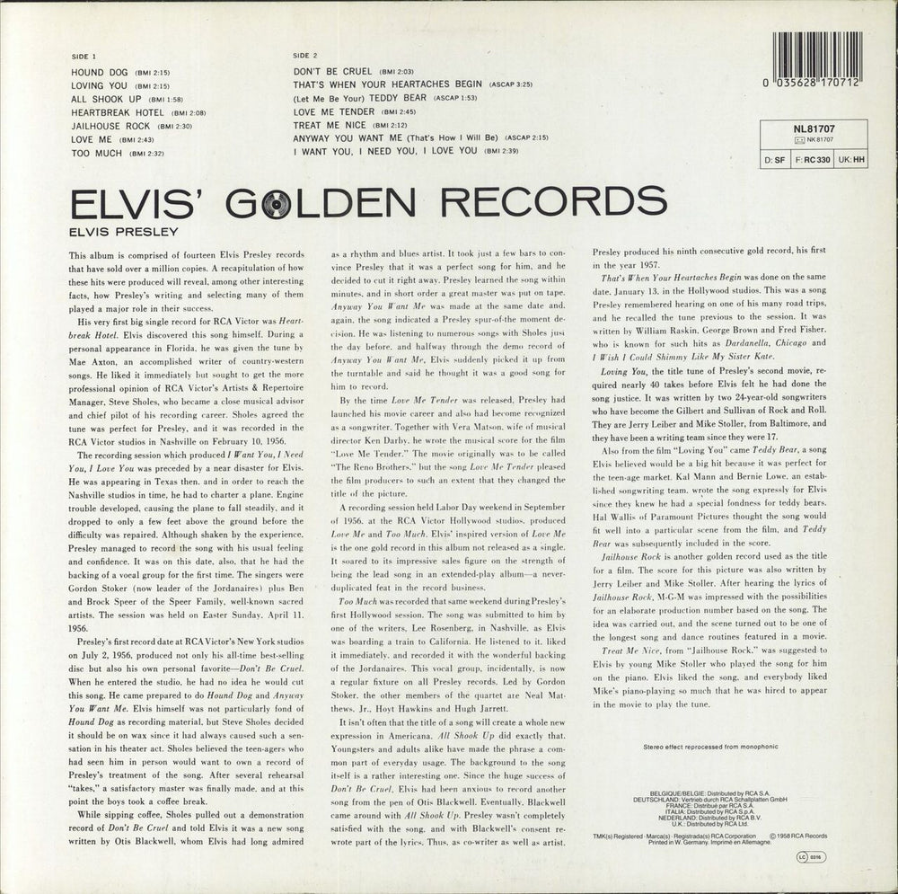 Elvis Presley Elvis' Golden Records UK vinyl LP album (LP record) 035628170712