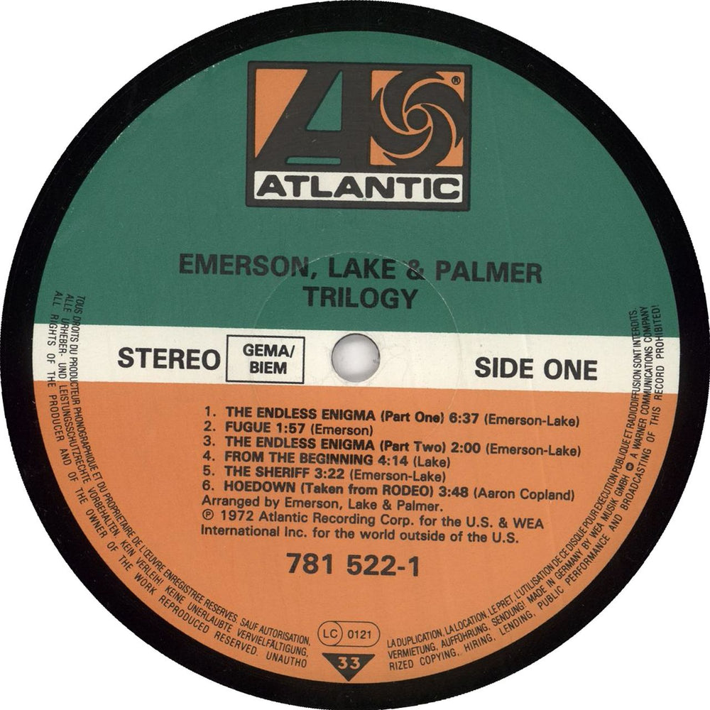 Emerson Lake & Palmer Trilogy German vinyl LP album (LP record) 075678152214