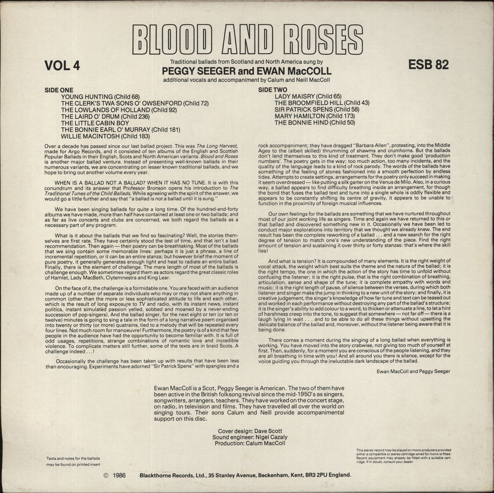 Ewan MacColl & Peggy Seeger Blood And Roses - Volume 4 UK vinyl LP album (LP record)