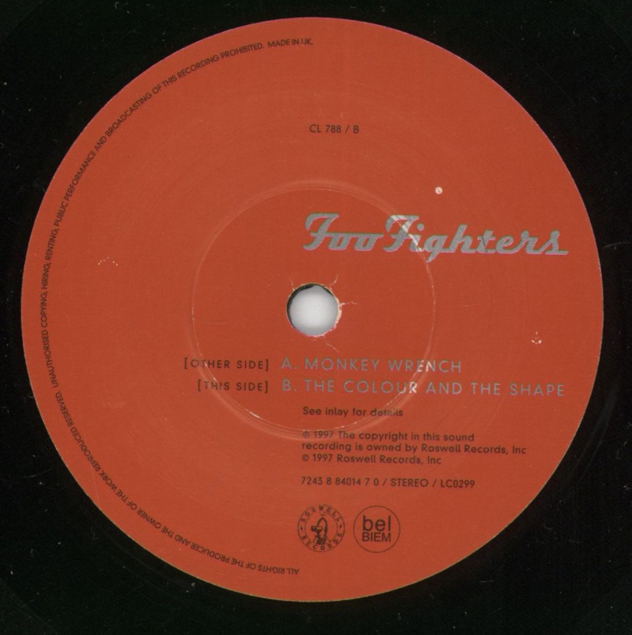 英7” Foo Fighters Monkey Wrench / The Colour And The Shape CL788 ROSWELL /00080 Foo Fighters Monkey Wrench - EX UK 7