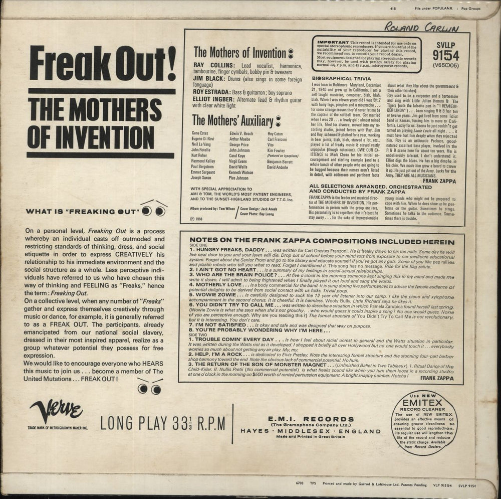 Frank Zappa Freak Out! - Original Verve Issue - Flipback P/S - VG UK vinyl LP album (LP record)