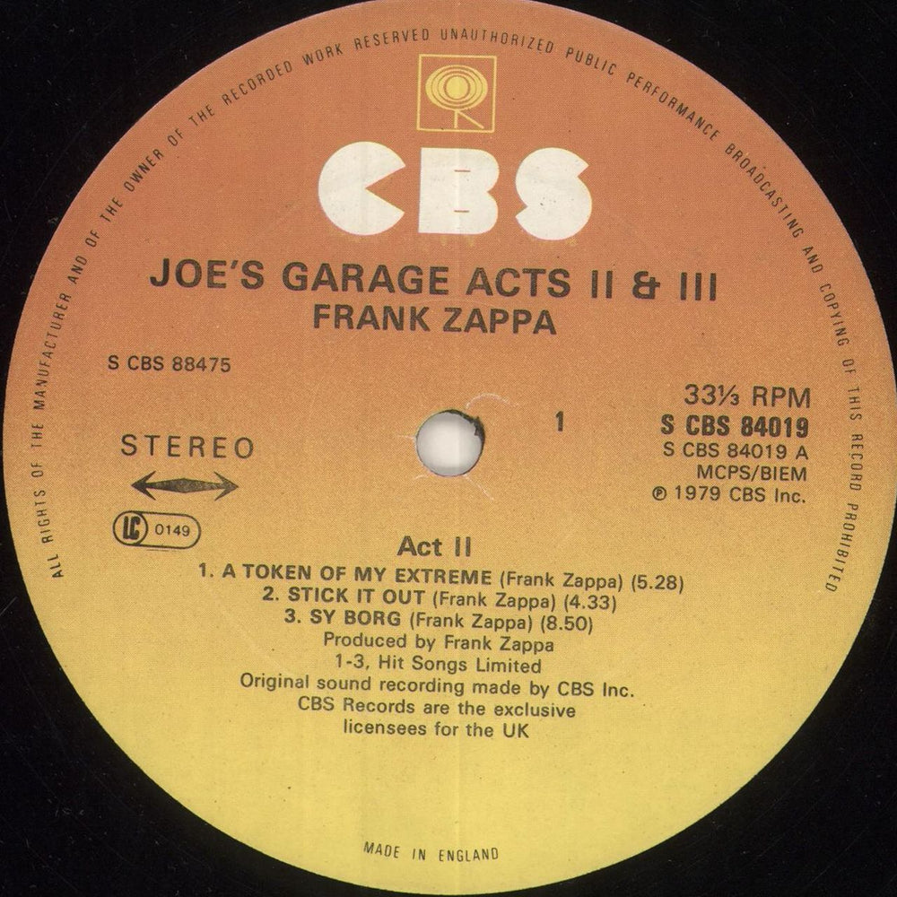 Frank Zappa Joe's Garage Acts II & III - EX UK 2-LP vinyl record set (Double LP Album) ZAP2LJO689877