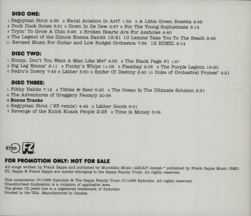 Frank Zappa Läther US Promo 3-CD album set (Triple CD) ZAP3CLT99521
