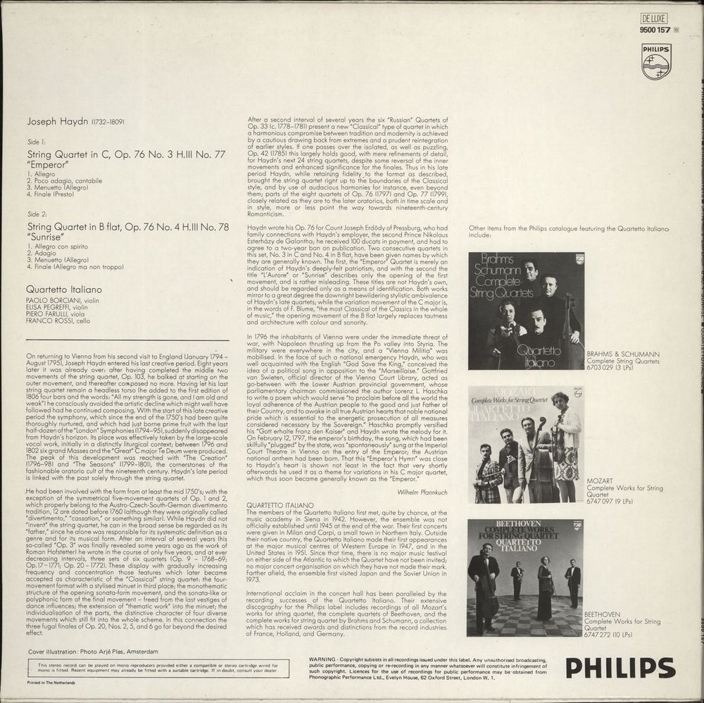 Franz Joseph Haydn String Quartets Op. 76 No. 3 "Emperor" / Op. 76 No. 4 "Sunrise" UK vinyl LP album (LP record)