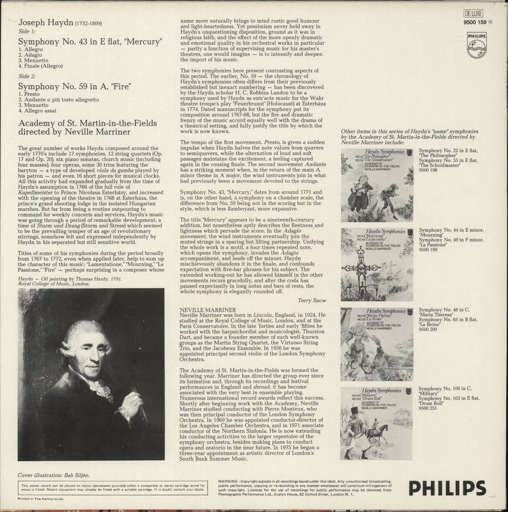 Franz Joseph Haydn Symphonies - No. 43 "Mercury" - No. 59 "Fire" Dutch vinyl LP album (LP record)