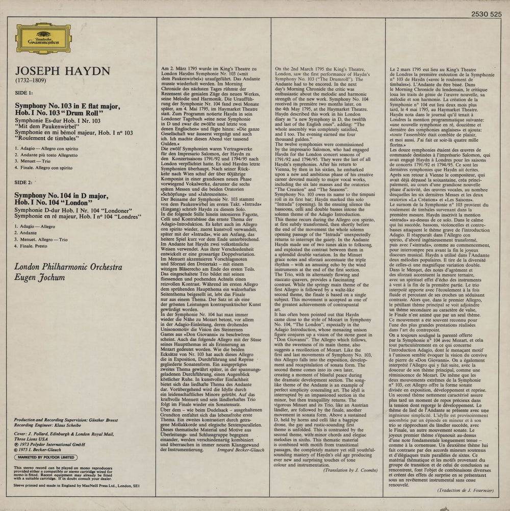 Franz Joseph Haydn Symphony No. 103 'Drum-Roll' / Symphony No.104 'London' UK vinyl LP album (LP record)