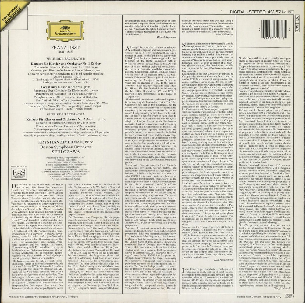 Franz Liszt Klavierkonzerte Nos 1 & 2 · Totentanz · Piano Concertos · Concertos Pour Piano German vinyl LP album (LP record) 02894235711