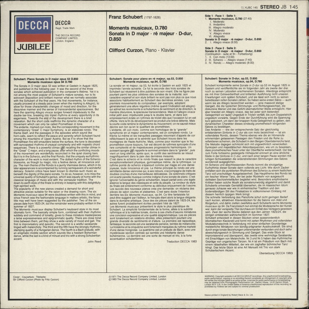 Franz Schubert Schubert: Moments Musicaux, D.780 Sonata In D Major . Re Majeur . D-Dur, D.850 UK vinyl LP album (LP record)