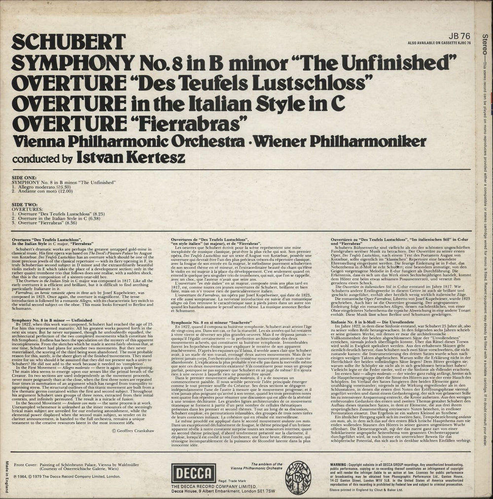 Franz Schubert Schubert: Symphony No. 8 “Unfinished” / Three Overtures UK vinyl LP album (LP record)