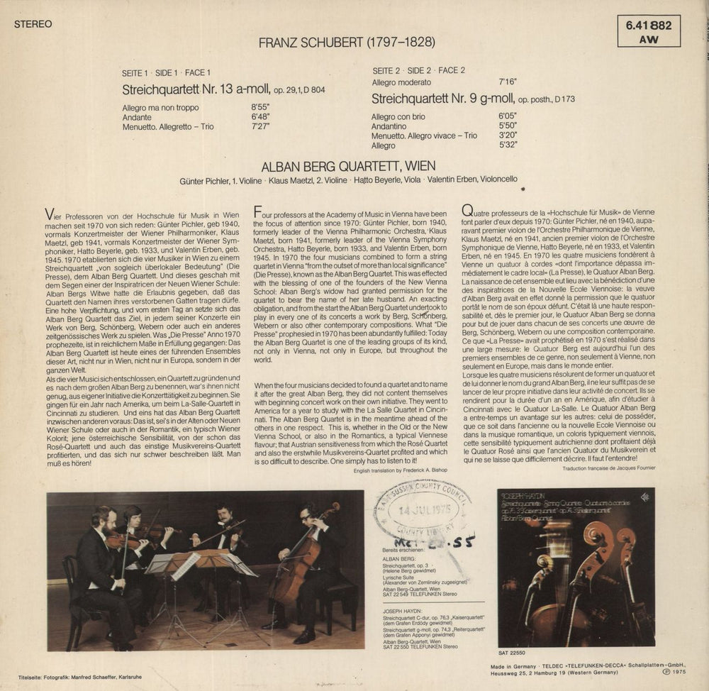 Franz Schubert Streichquartette Nr. 13 A-moll & Nr. 9 G-moll German vinyl LP album (LP record)