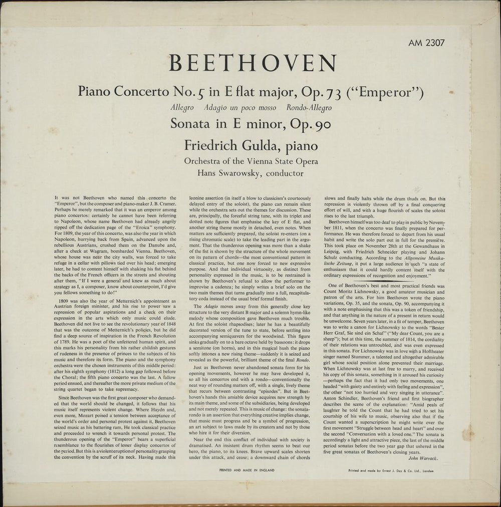 Friedrich Gulda Beethoven: Piano Concerto No. 5 Op.73 "Emperor" / Sonata in E Minor, Op.90 UK vinyl LP album (LP record)