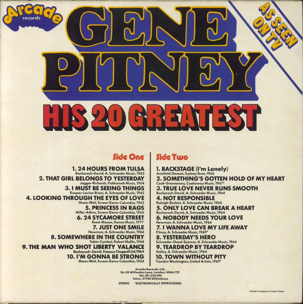 Gene Pitney His 20 Greatest UK vinyl LP album (LP record)