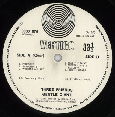 Gentle Giant Three Friends - 2nd - VG - Pressing Fault UK vinyl LP album (LP record) GTLLPTH834088