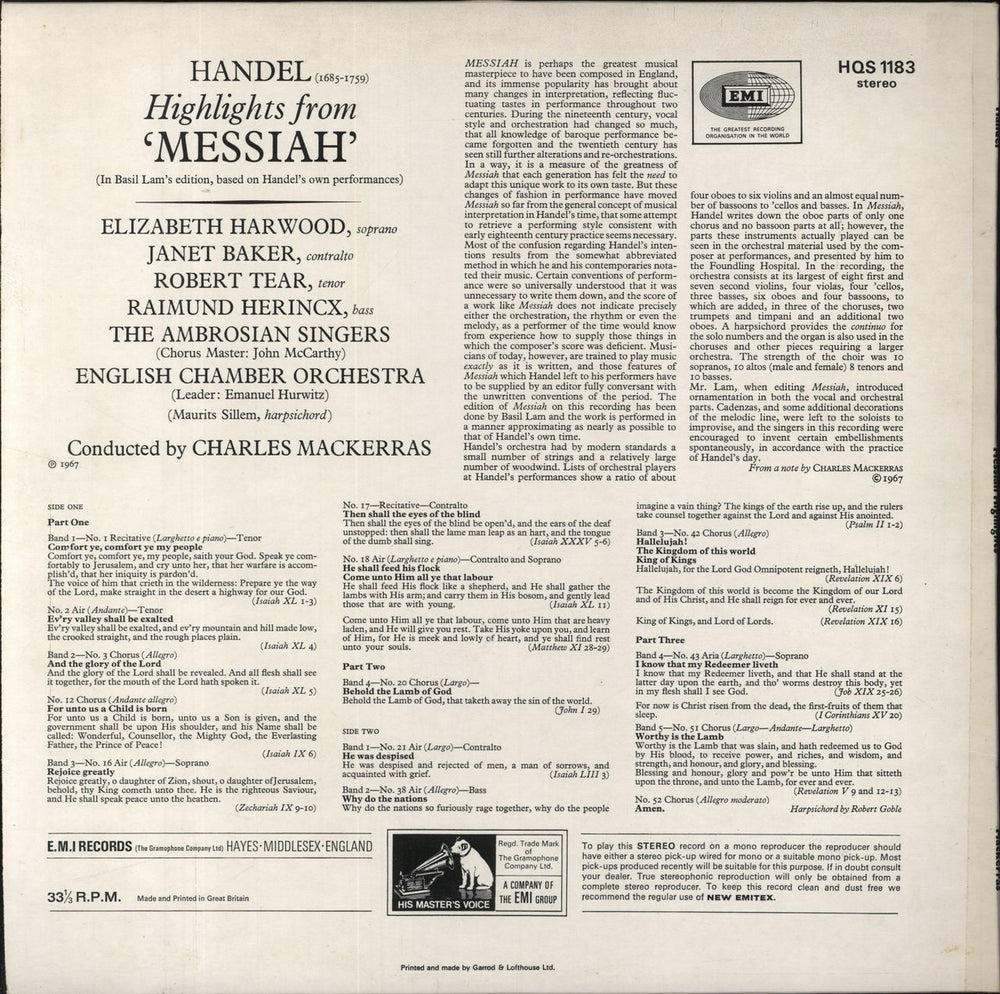 George Frideric Handel Handel: Highlights From Handel Messiah UK vinyl LP album (LP record)