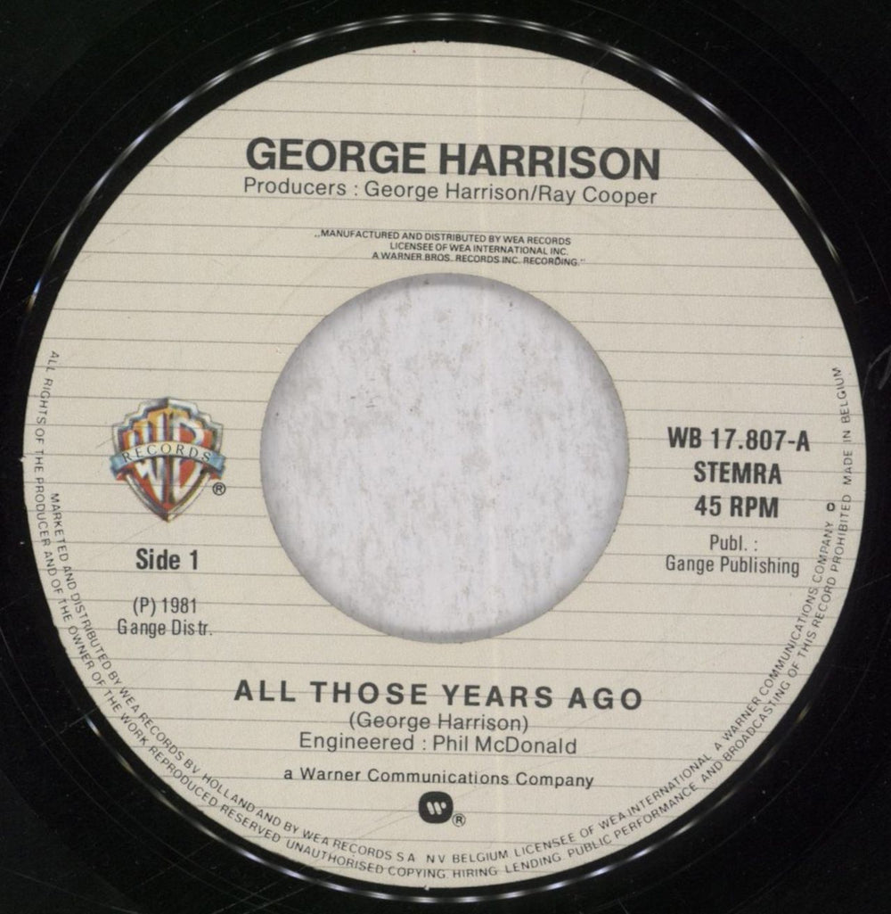 George Harrison All Those Years Ago Belgian 7" vinyl single (7 inch record / 45) GHA07AL38788