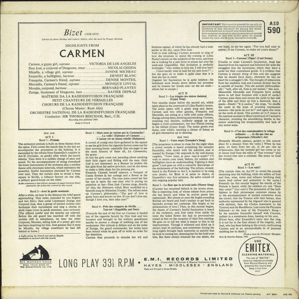 Georges Bizet Highlights From Carmen UK vinyl LP album (LP record)