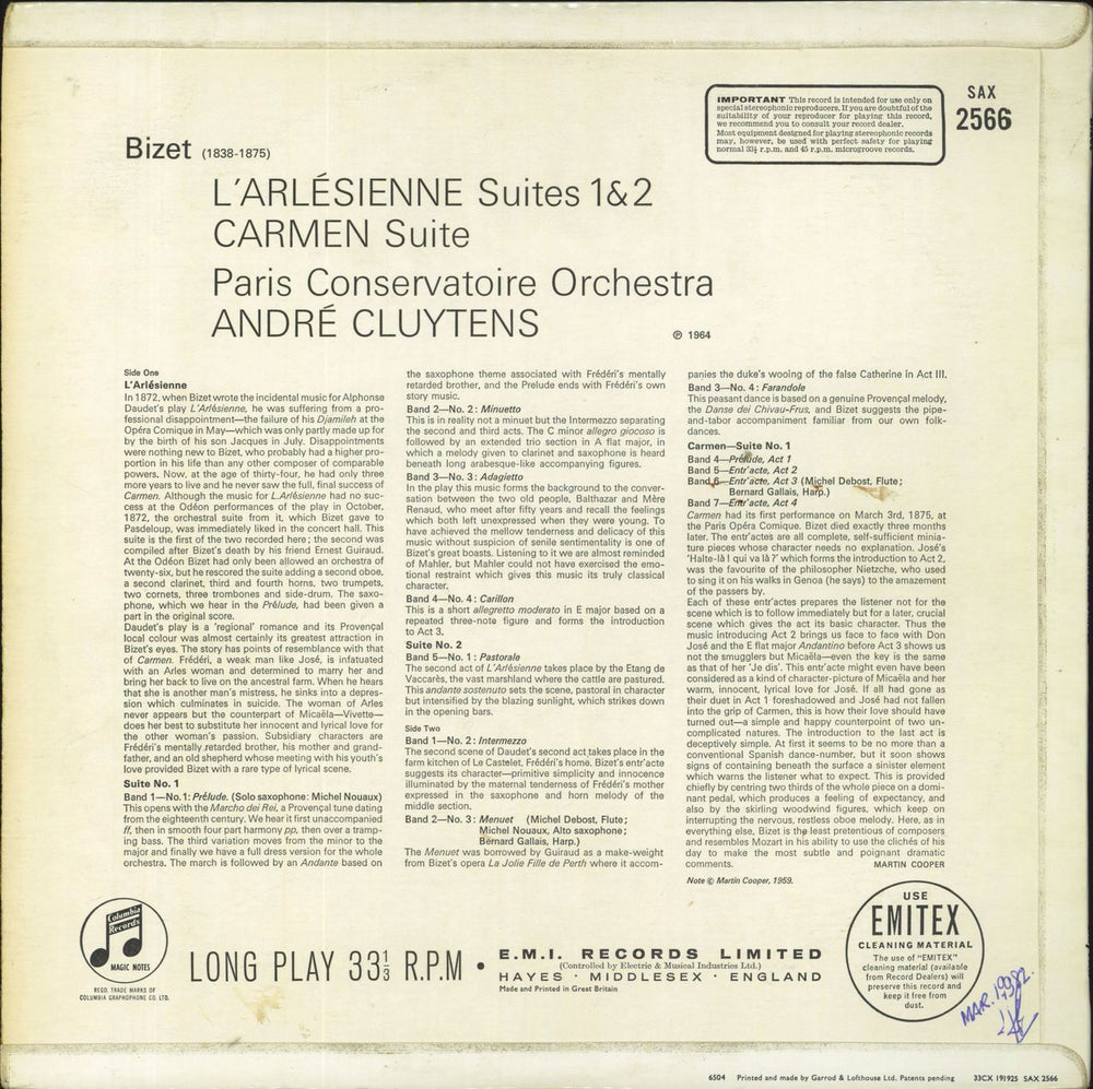 Georges Bizet L'Arlesienne Suites 1 & 2 / Carmen Suite UK vinyl LP album (LP record)