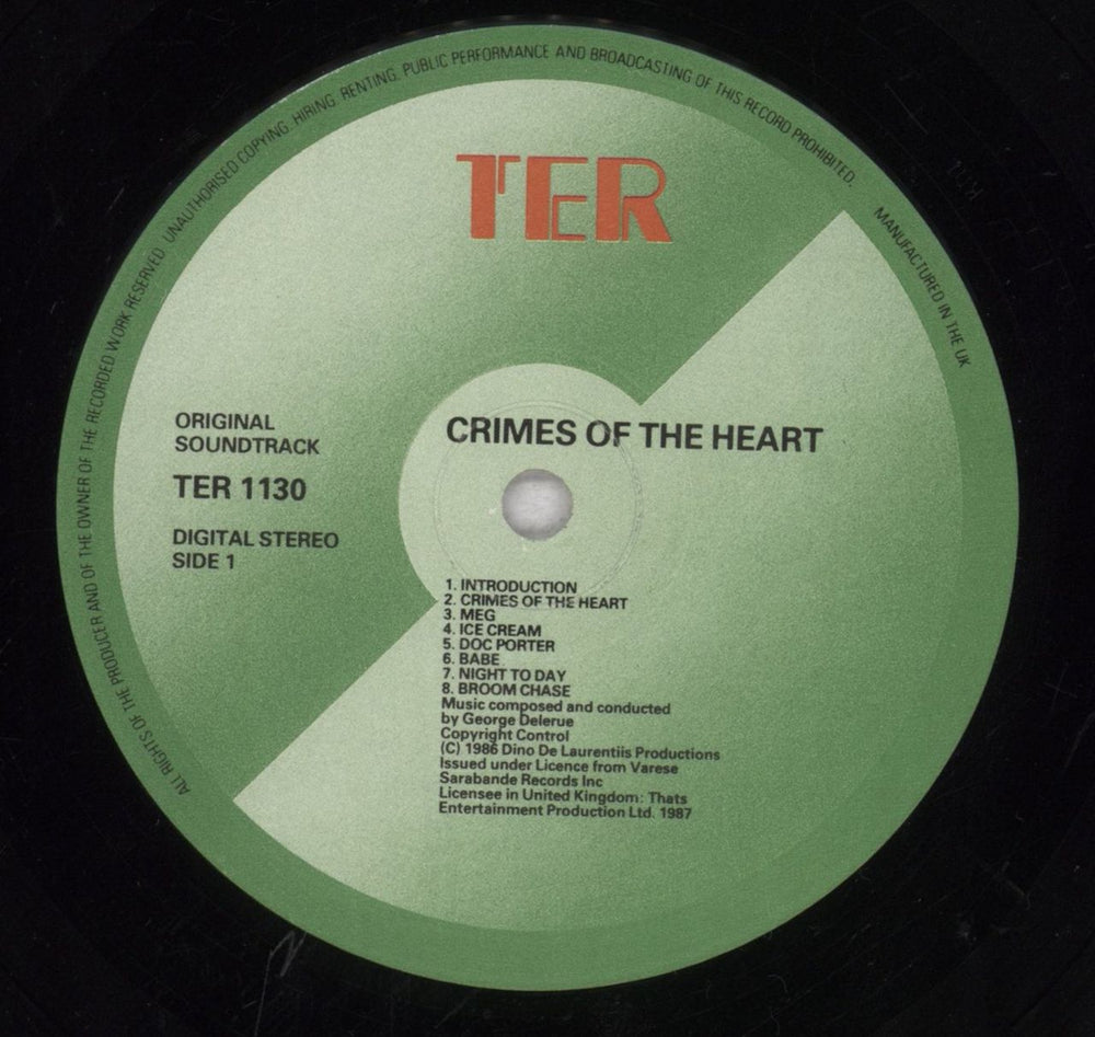 Georges Delerue Crimes Of The Heart [Original Motion Picture Soundtrack] UK vinyl LP album (LP record) GYVLPCR846814