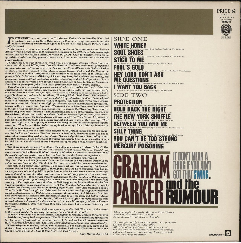 Graham Parker It Don't Mean A Thing If You Ain't Got That Swing UK vinyl LP album (LP record)