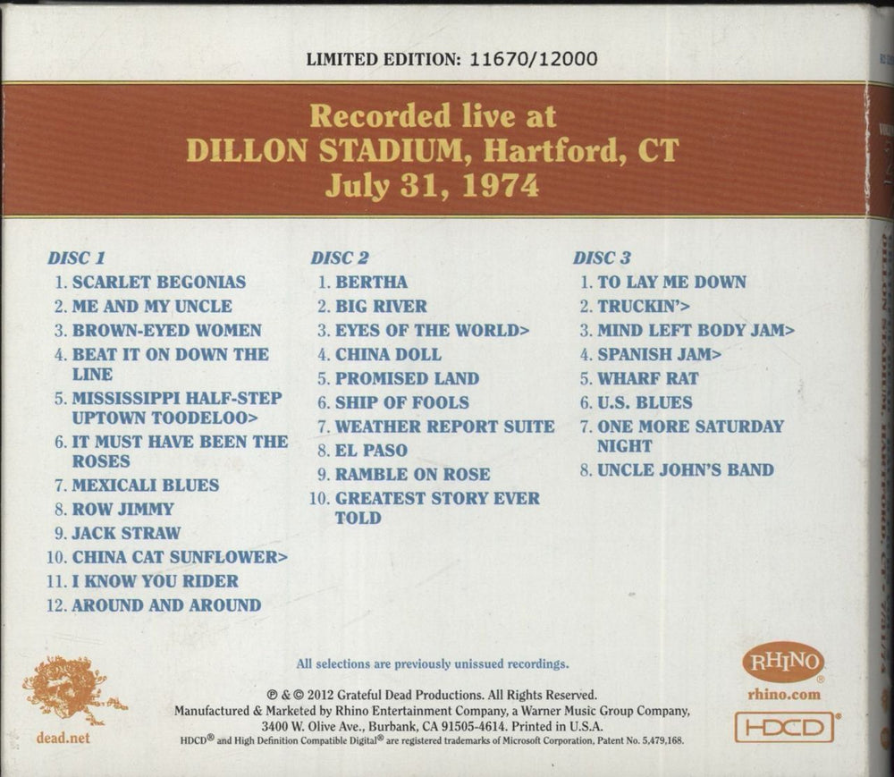 Grateful Dead Dave's Picks Volume 2: Dillon Stadium, Hartford, CT 7/31/74 US 3-CD album set (Triple CD)