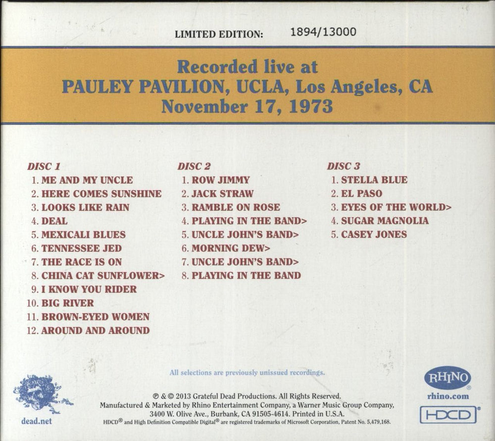 Grateful Dead Dave's Picks Volume 5: Pauley Pavilion, UCLA, Los Angeles, CA 11/17/73 US 3-CD album set (Triple CD)