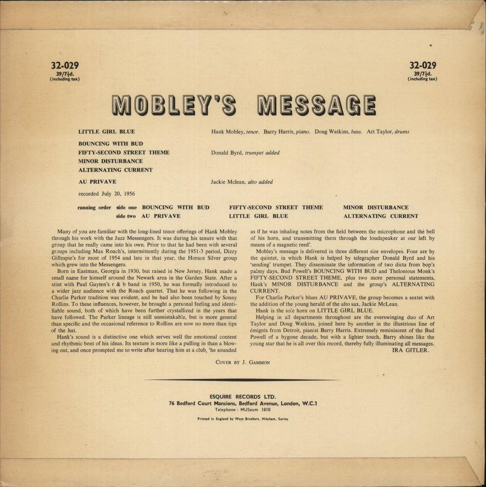 Hank Mobley Mobley's Message UK vinyl LP album (LP record)