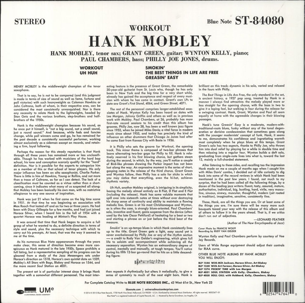 Hank Mobley Workout - 180gm US vinyl LP album (LP record) 602547476470