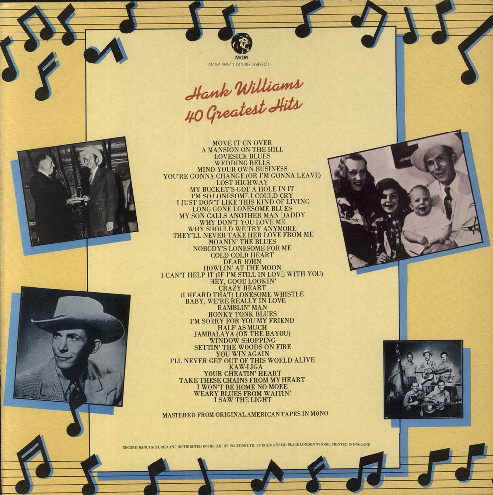 Hank Williams 40 Greatest Hits - yellow label UK 2-LP vinyl record set (Double LP Album)